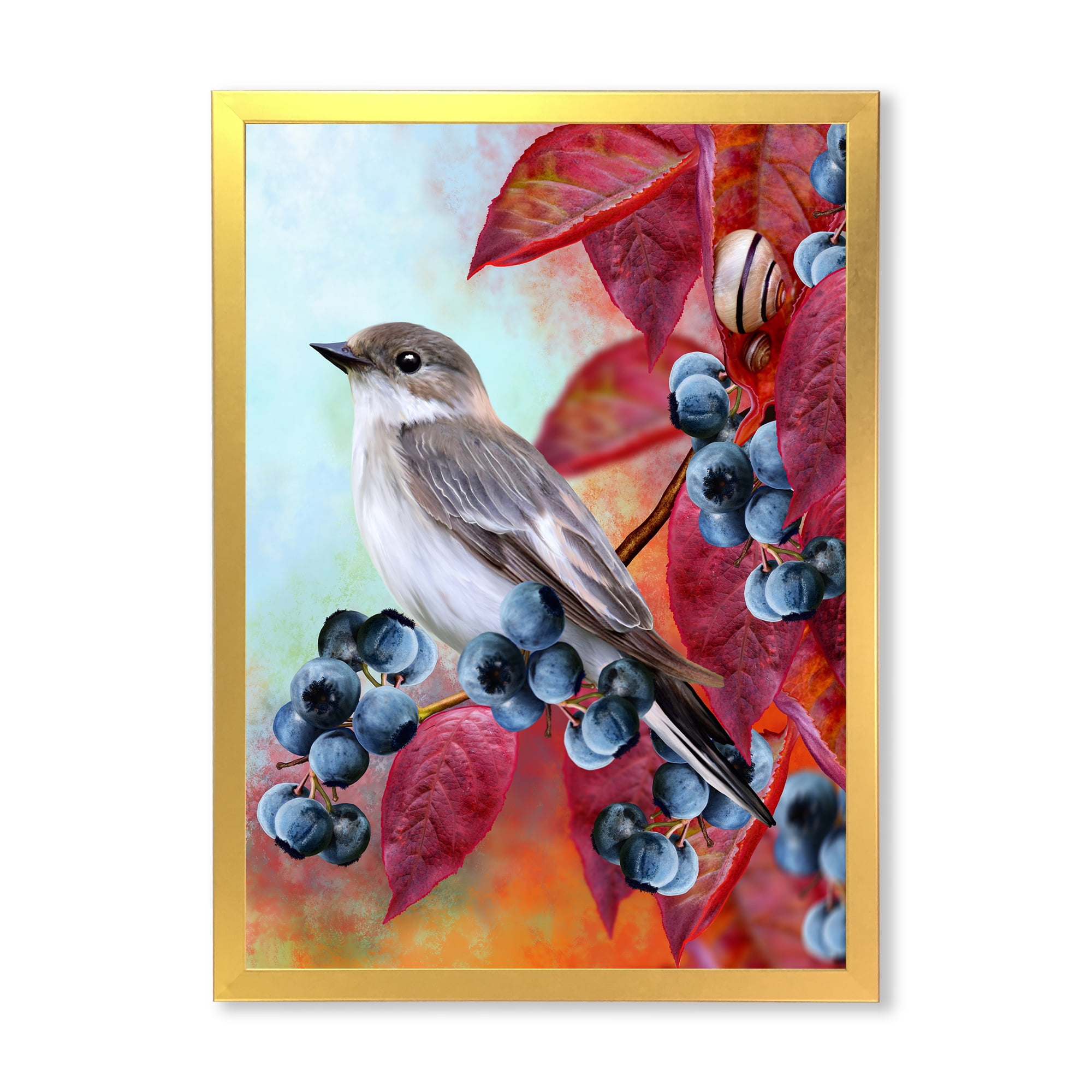 Designart 'Close Up Little Gray Bird On Red Autumn On Blueberry Twig' Traditional Framed Art Print
