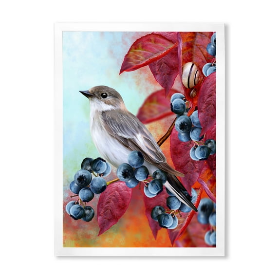 Designart 'Close Up Little Gray Bird On Red Autumn On Blueberry Twig' Traditional Framed Art Print