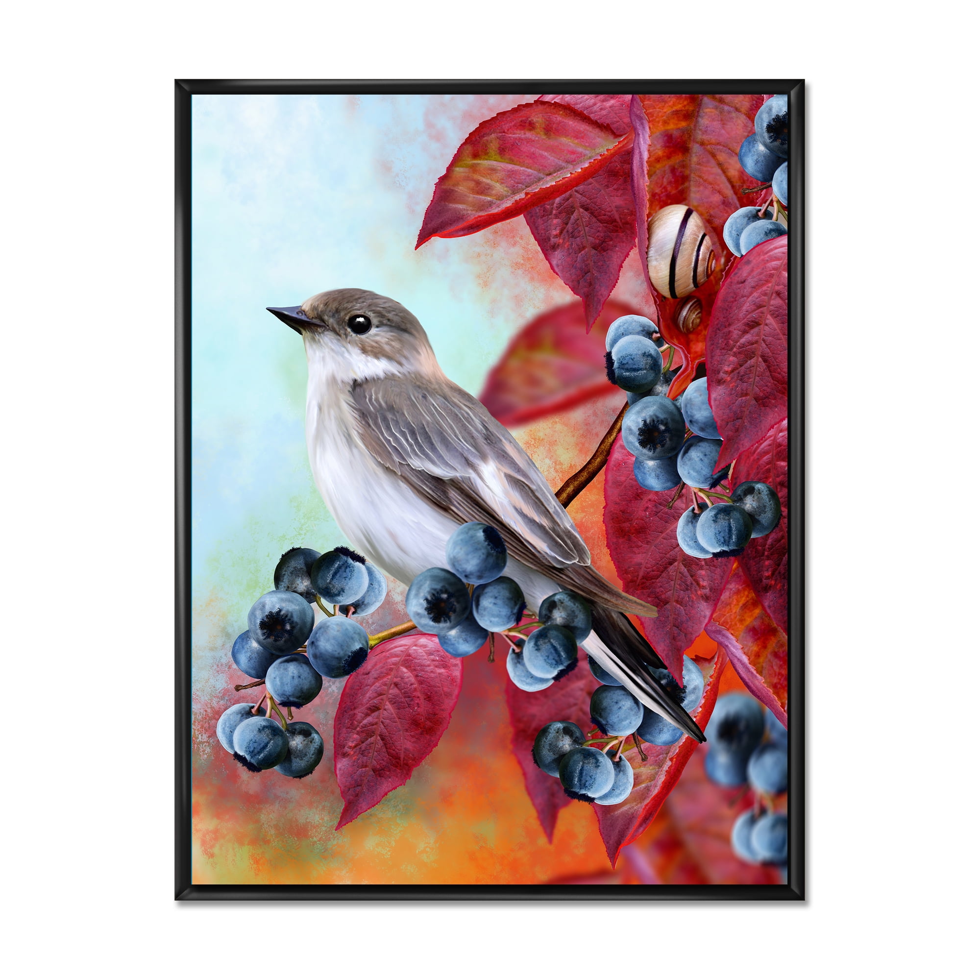 Designart 'Close Up Little Gray Bird On Red Autumn On Blueberry Twig' Traditional Framed Canvas Wall Art Print