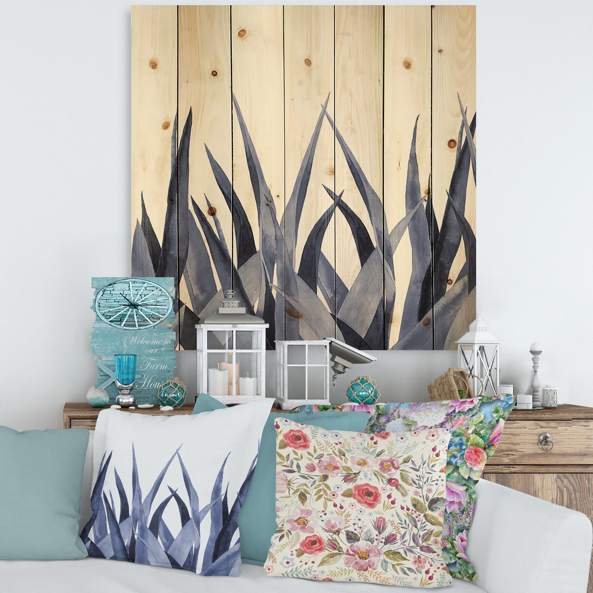 Designart 'Close Up Navy Blue Agave Leaves' Traditional Print on Natural Pine Wood