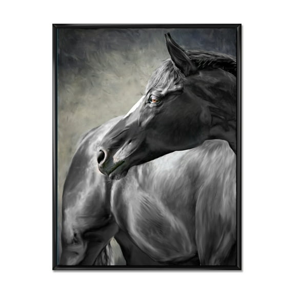 Designart 'Close Up Of A Black Horse' Farmhouse Framed Canvas Wall Art Print
