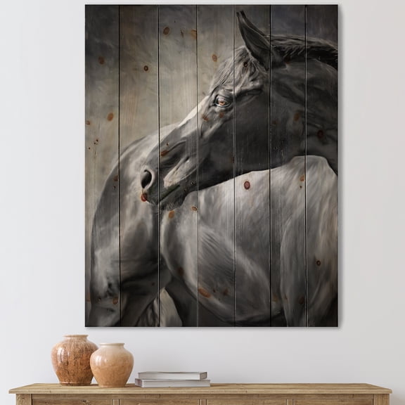 Designart 'Close Up Of A Black Horse' Farmhouse Print on Natural Pine Wood