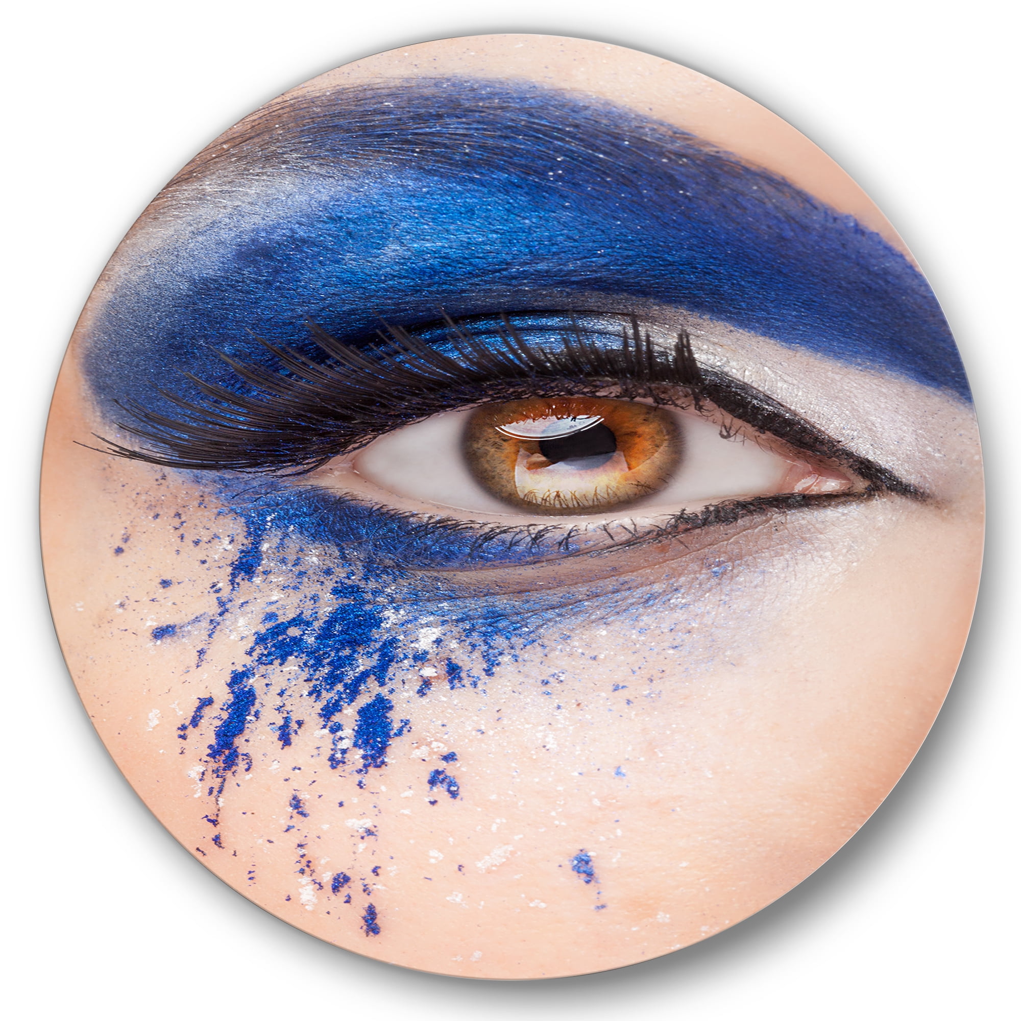 Designart 'Close Up Of Brown Eye With Blue Fantasy Make Up' Modern Circle Metal Wall Art 29x29 - Disc of 29