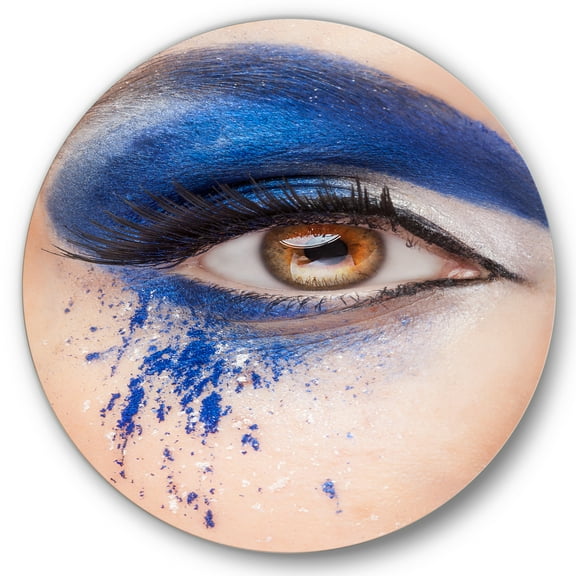 Designart 'Close Up Of Brown Eye With Blue Fantasy Make Up' Modern Circle Metal Wall Art 36x36 - Disc of 36