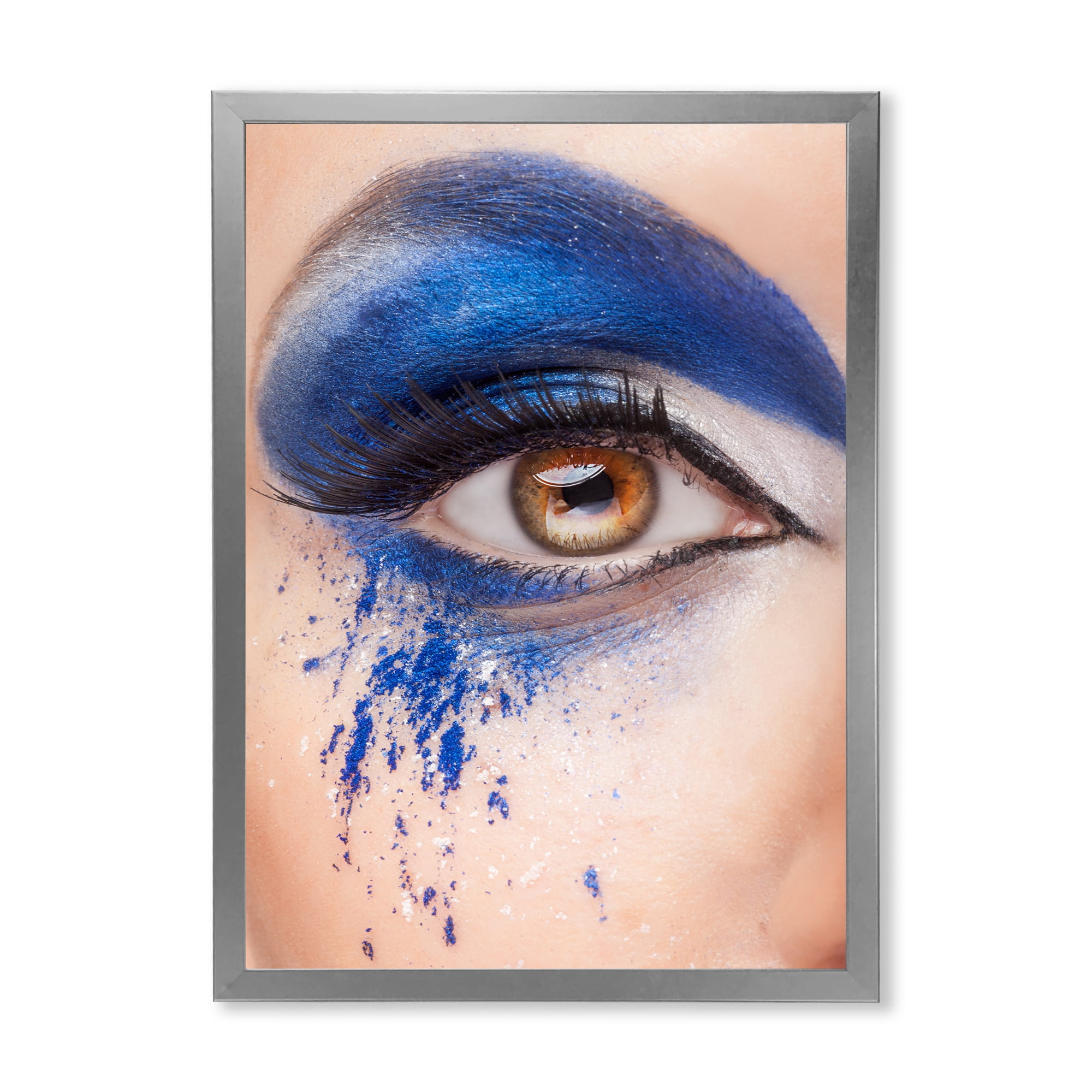 Designart 'Close Up Of Brown Eye With Blue Fantasy Make Up' Modern Framed Art Print