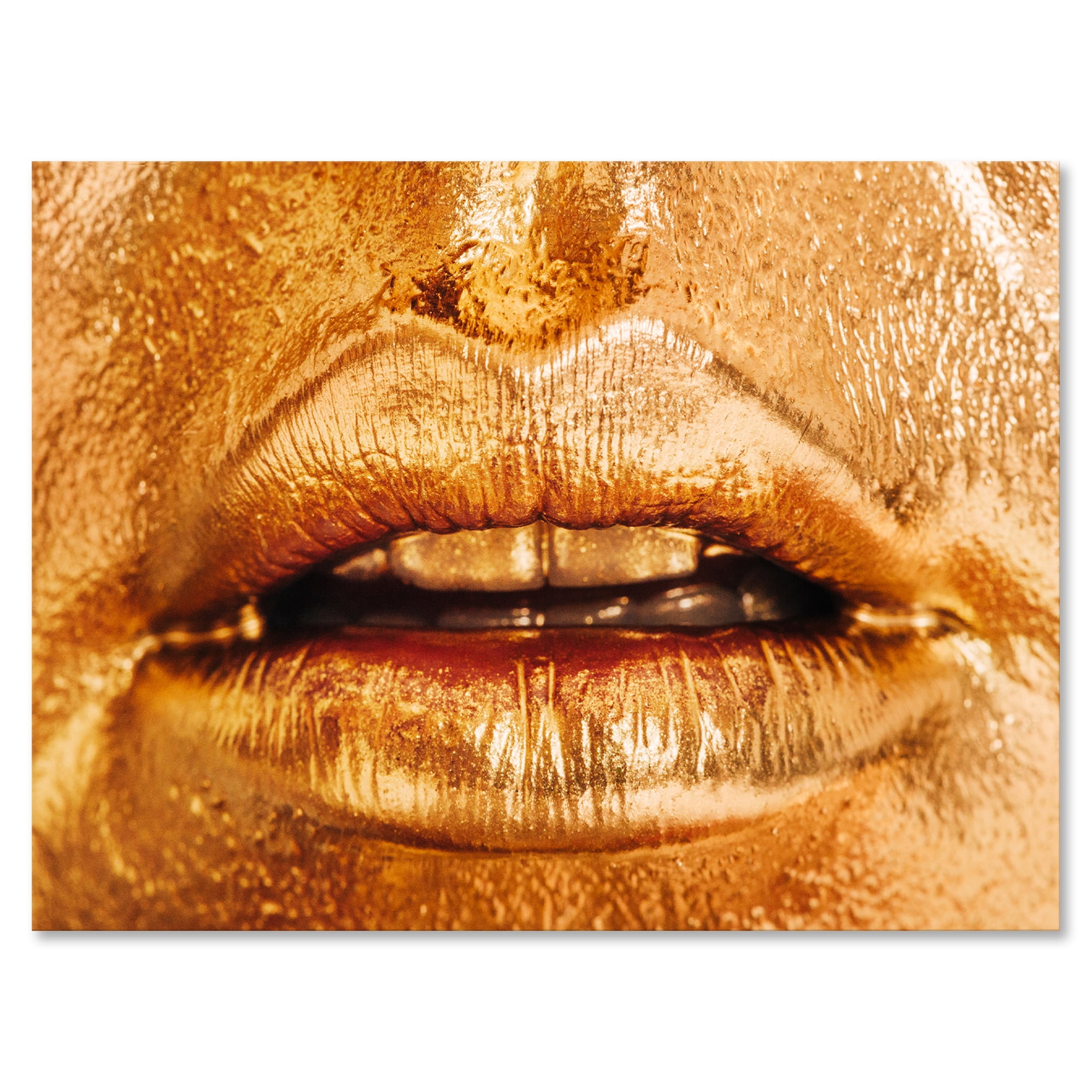 Designart ' Close Up Of Female Lips With Bright Golden Makeup ' Modern Canvas Wall Art Print