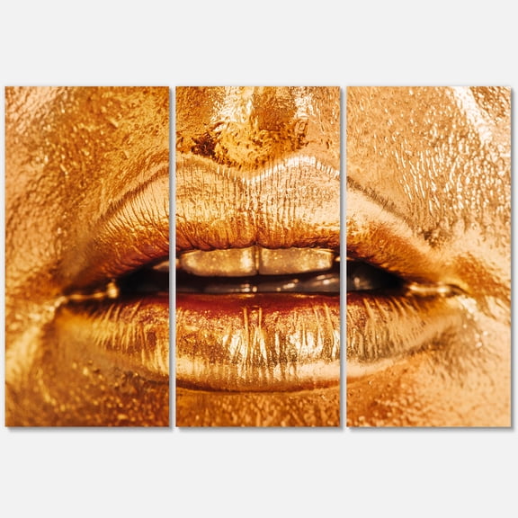 Designart ' Close Up Of Female Lips With Bright Golden Makeup ' Modern Canvas Wall Art Print