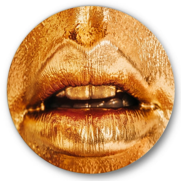 Designart 'Close Up Of Female Lips With Bright Golden Makeup' Modern Circle Metal Wall Art 11x11 - Disc of 11