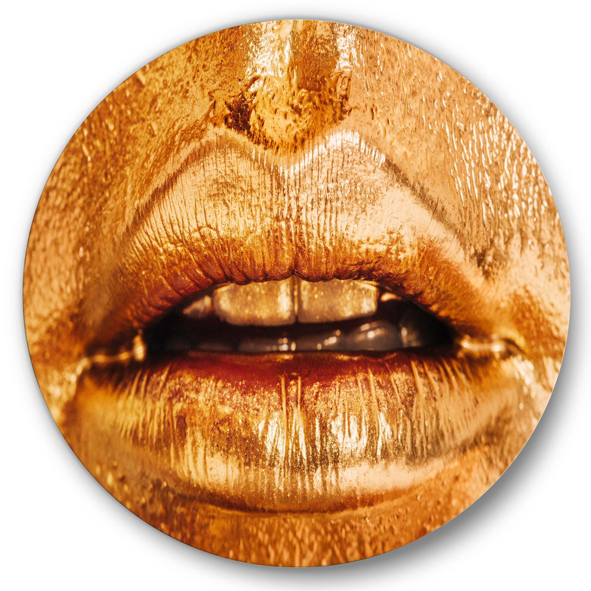 Designart 'Close Up Of Female Lips With Bright Golden Makeup' Modern Circle Metal Wall Art 23x23 - Disc of 23