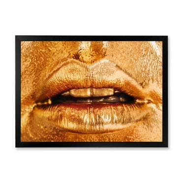 Designart 'Close Up Of Female Lips With Bright Golden Makeup' Modern Framed Art Print