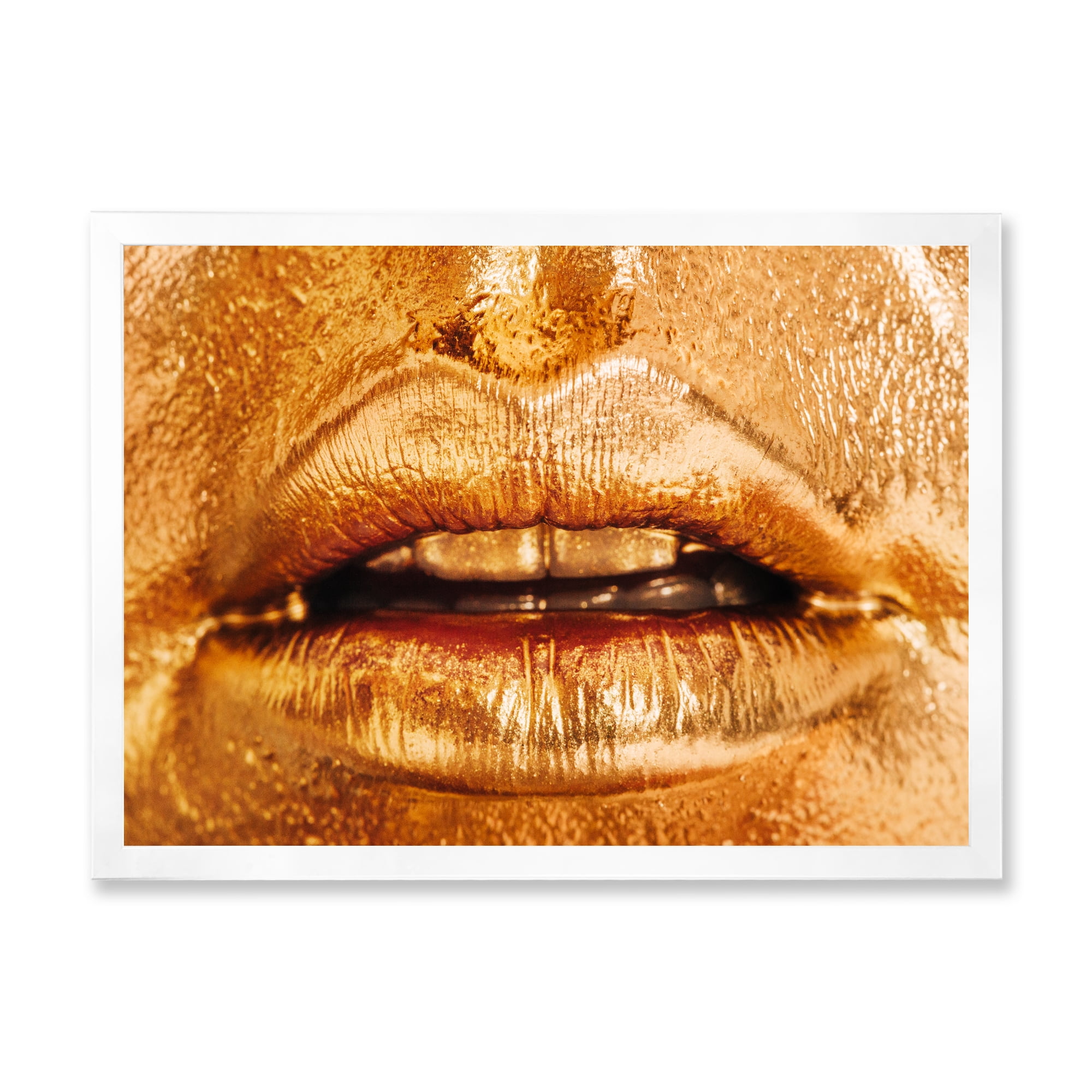 Designart 'Close Up Of Female Lips With Bright Golden Makeup' Modern Framed Art Print