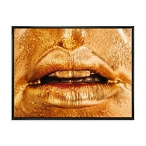 Designart 'Close Up Of Female Lips With Bright Golden Makeup' Modern Framed Canvas Wall Art Print