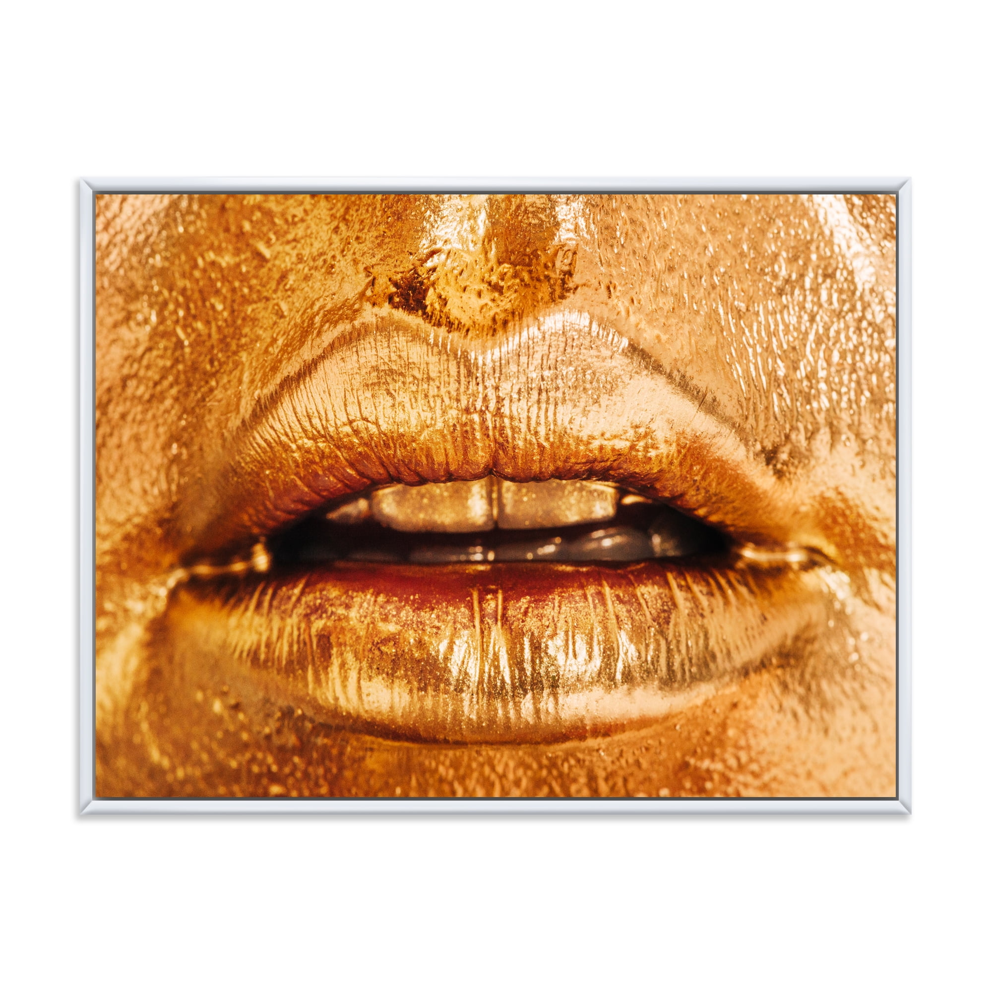 Designart 'Close Up Of Female Lips With Bright Golden Makeup' Modern Framed Canvas Wall Art Print
