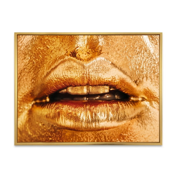 Designart 'Close Up Of Female Lips With Bright Golden Makeup' Modern Framed Canvas Wall Art Print