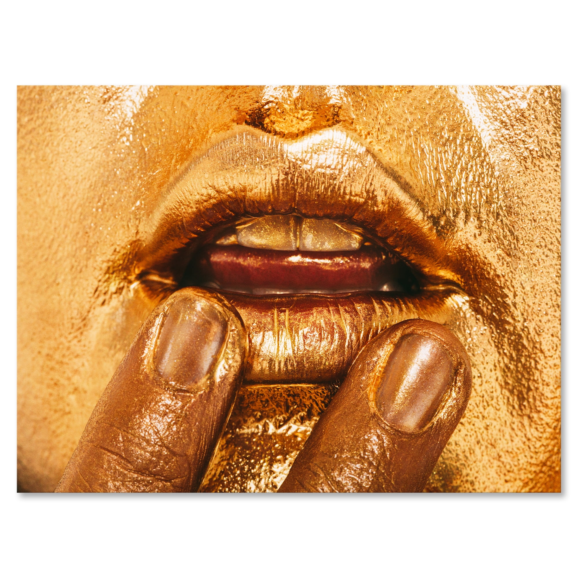 Designart ' Close Up Of Female Lips With Bright Golden Makeup i ' Modern Canvas Wall Art Print