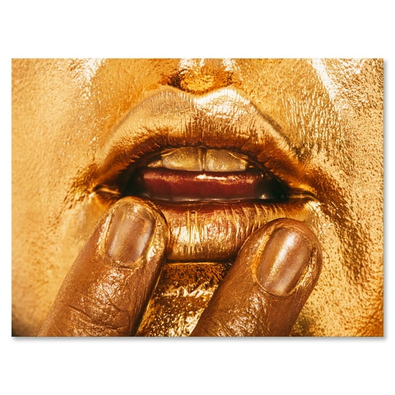 Designart ' Close Up Of Female Lips With Bright Golden Makeup i ' Modern Canvas Wall Art Print