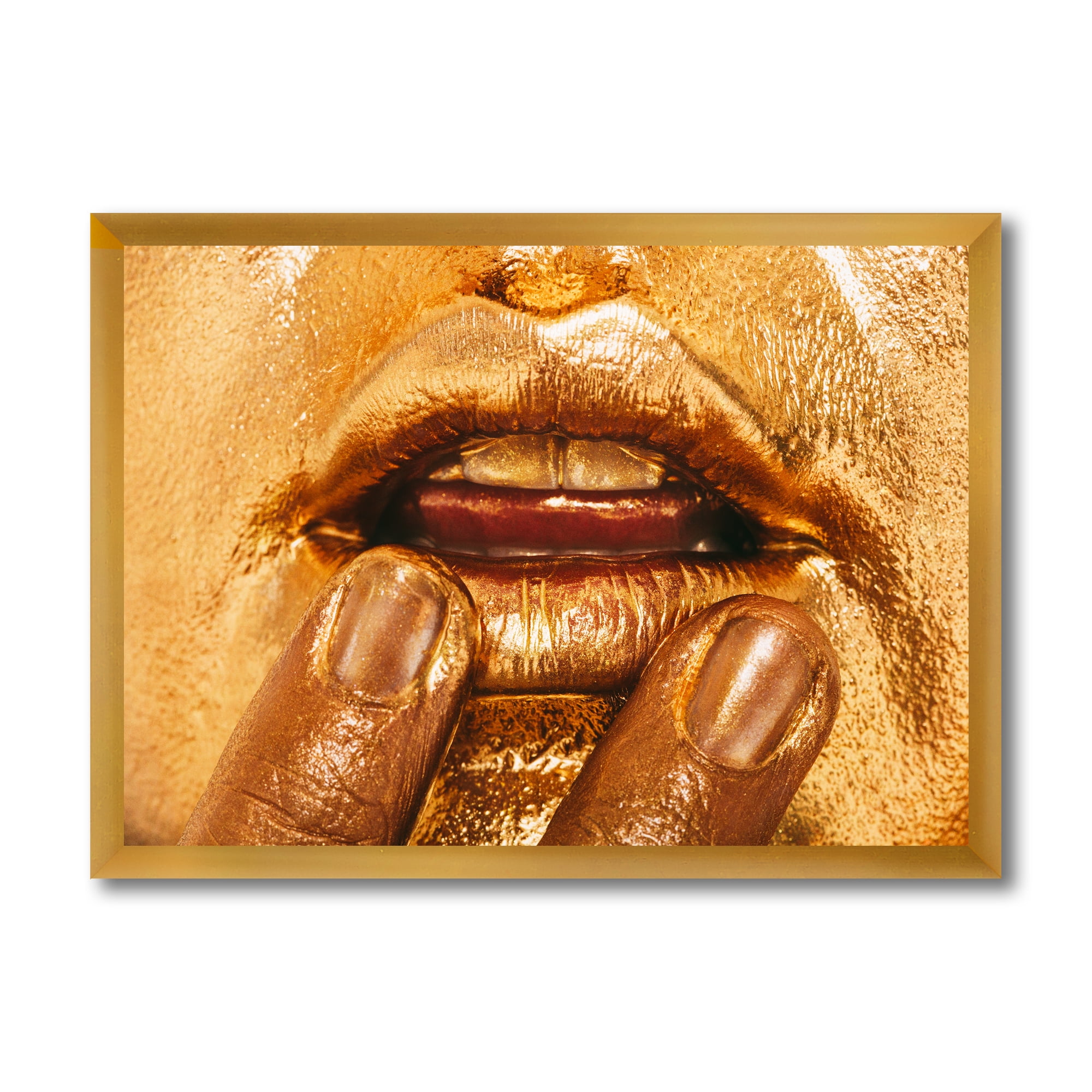 Designart 'Close Up Of Female Lips With Bright Golden Makeup i' Modern Framed Art Print