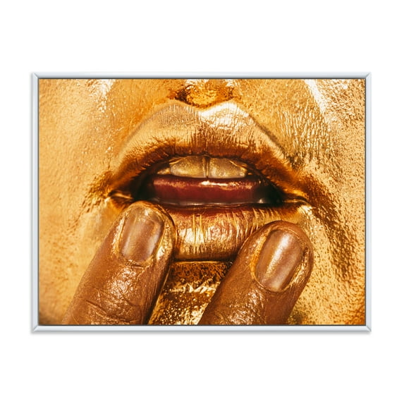 Designart 'Close Up Of Female Lips With Bright Golden Makeup i' Modern Framed Canvas Wall Art Print