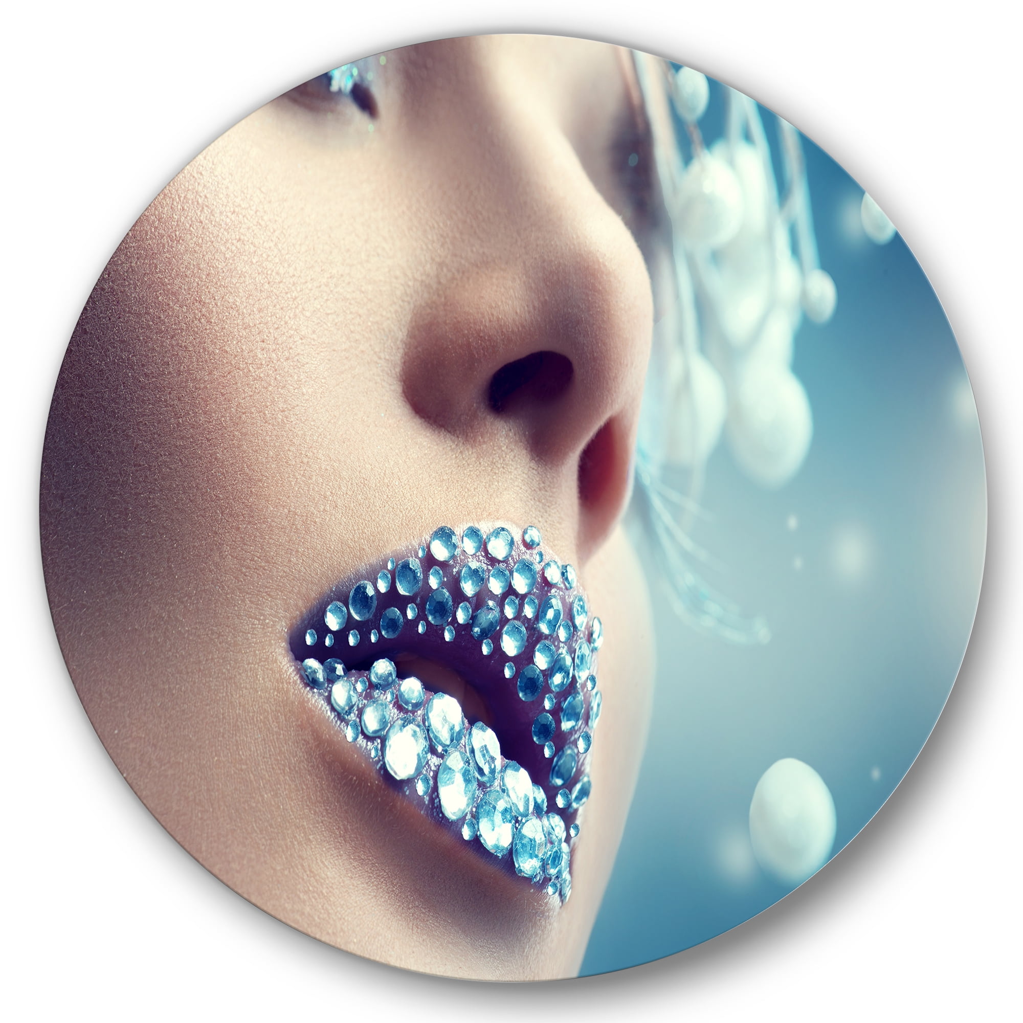 Designart 'Close-Up Of Gems On Female Lips' Modern Circle Metal Wall Art 23x23 - Disc of 23