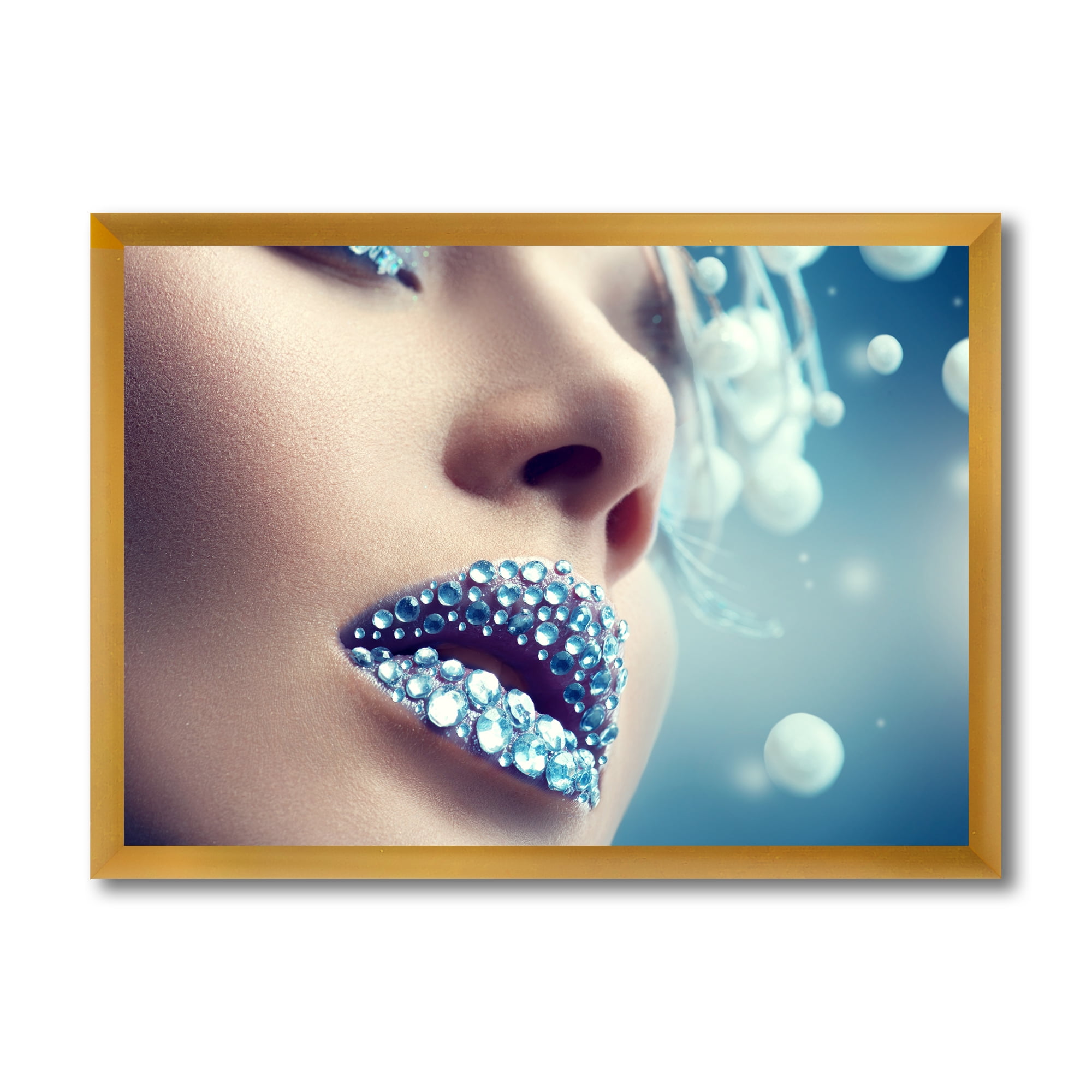 Designart 'Close-Up Of Gems On Female Lips' Modern Framed Art Print