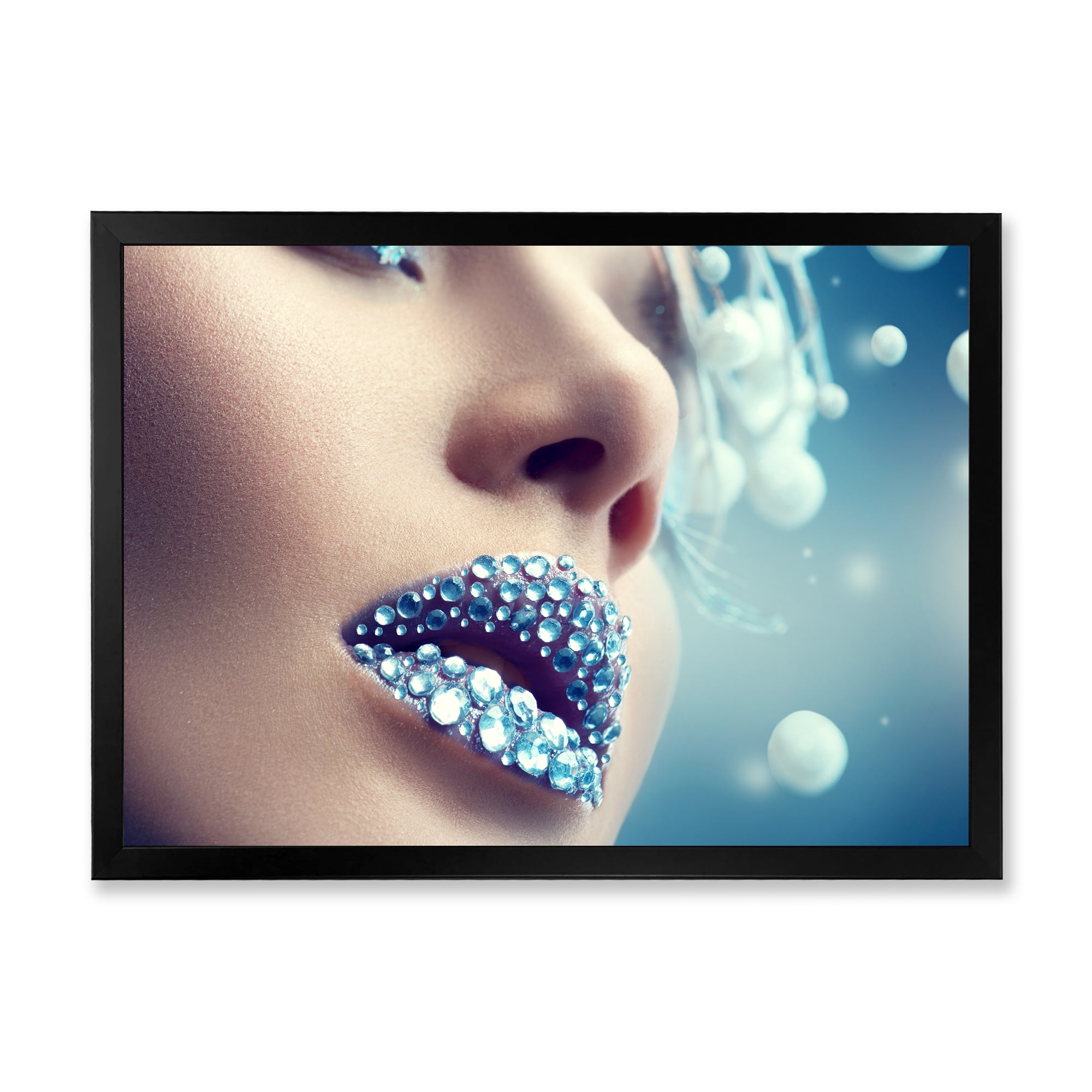 Designart 'Close-Up Of Gems On Female Lips' Modern Framed Art Print