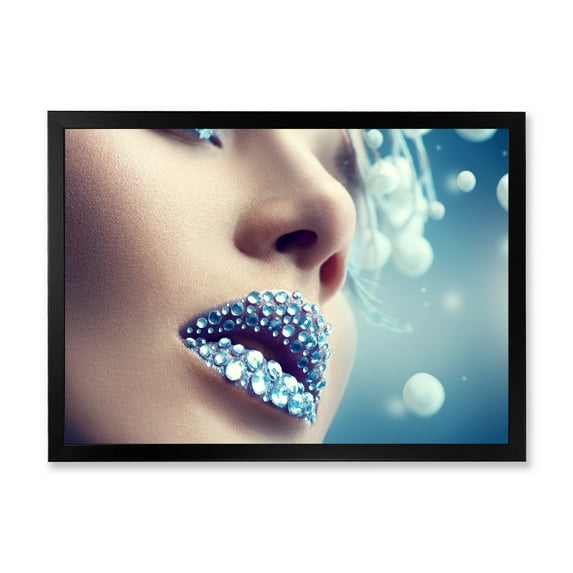 Designart 'Close-Up Of Gems On Female Lips' Modern Framed Art Print