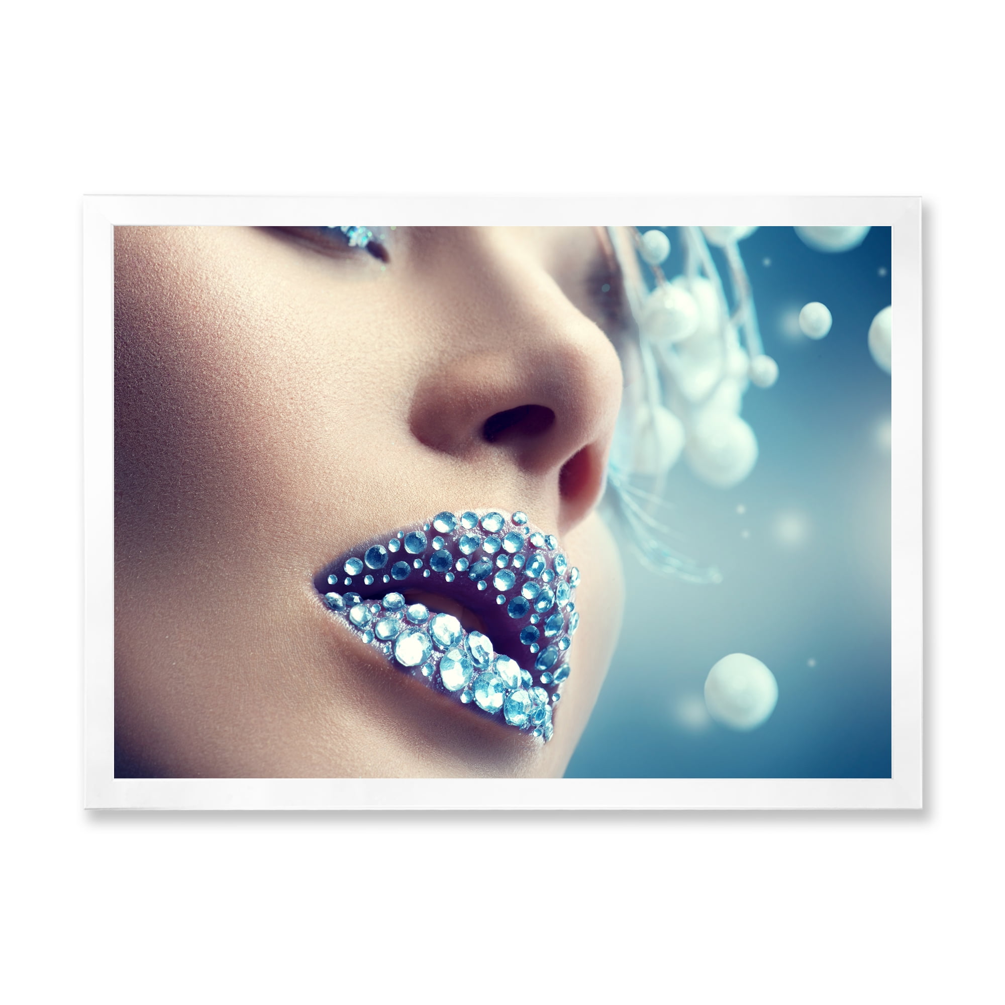 Designart 'Close-Up Of Gems On Female Lips' Modern Framed Art Print