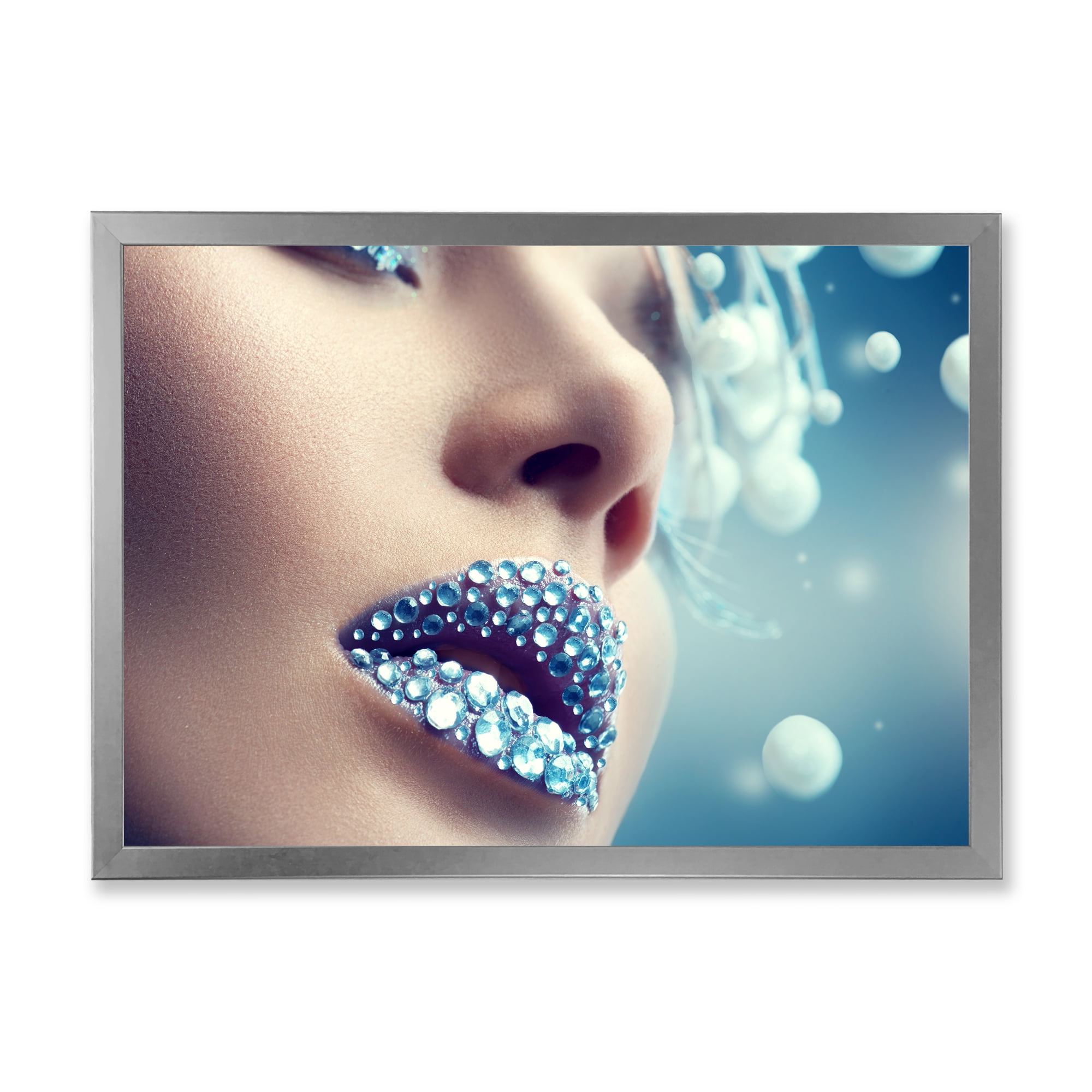 Designart 'Close-Up Of Gems On Female Lips' Modern Framed Art Print
