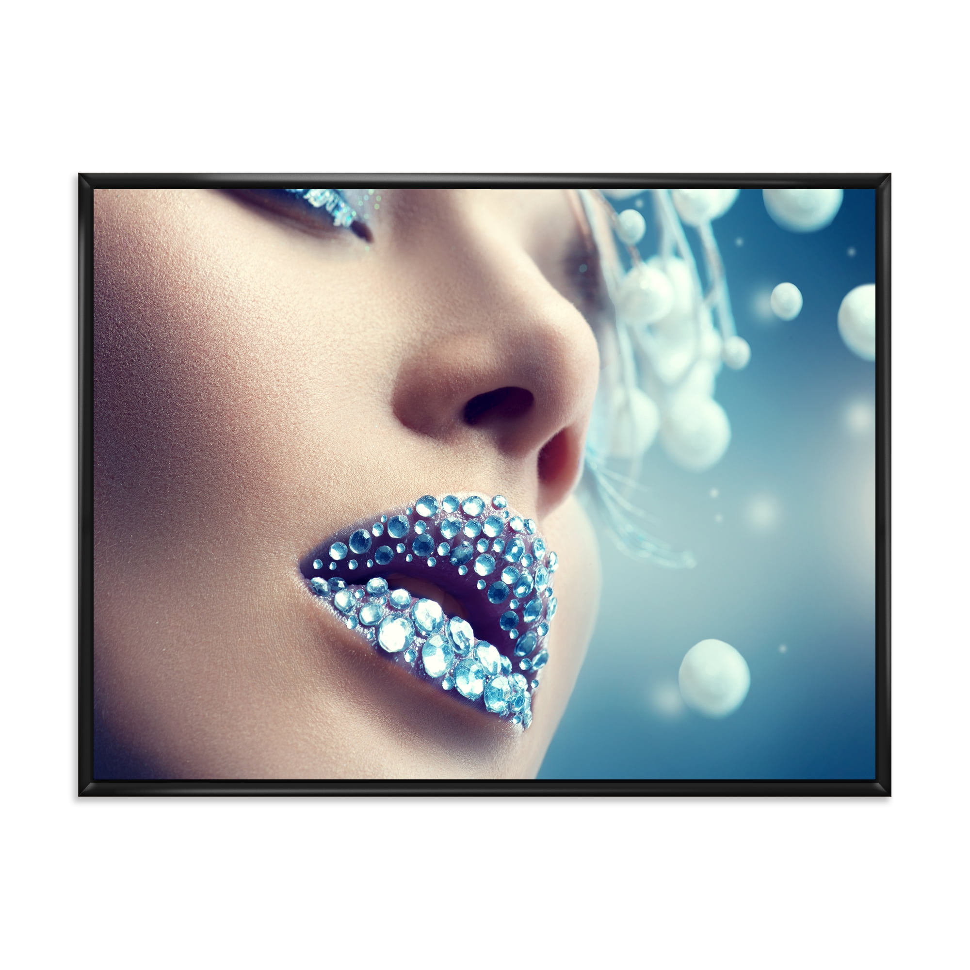 Designart 'Close-Up Of Gems On Female Lips' Modern Framed Canvas Wall Art Print