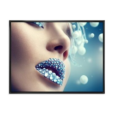 Designart 'Close-Up Of Gems On Female Lips' Modern Framed Canvas Wall Art Print