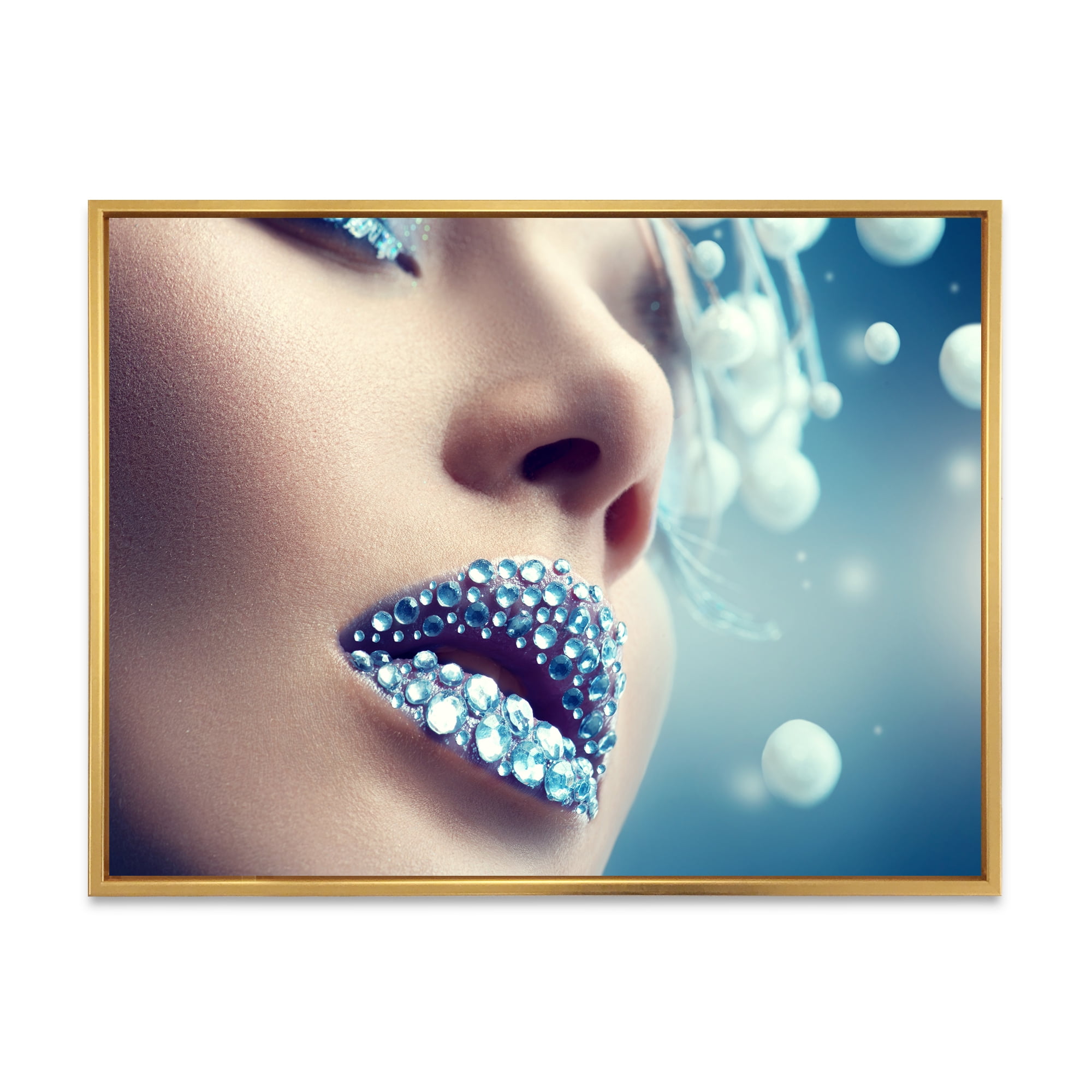 Designart 'Close-Up Of Gems On Female Lips' Modern Framed Canvas Wall Art Print