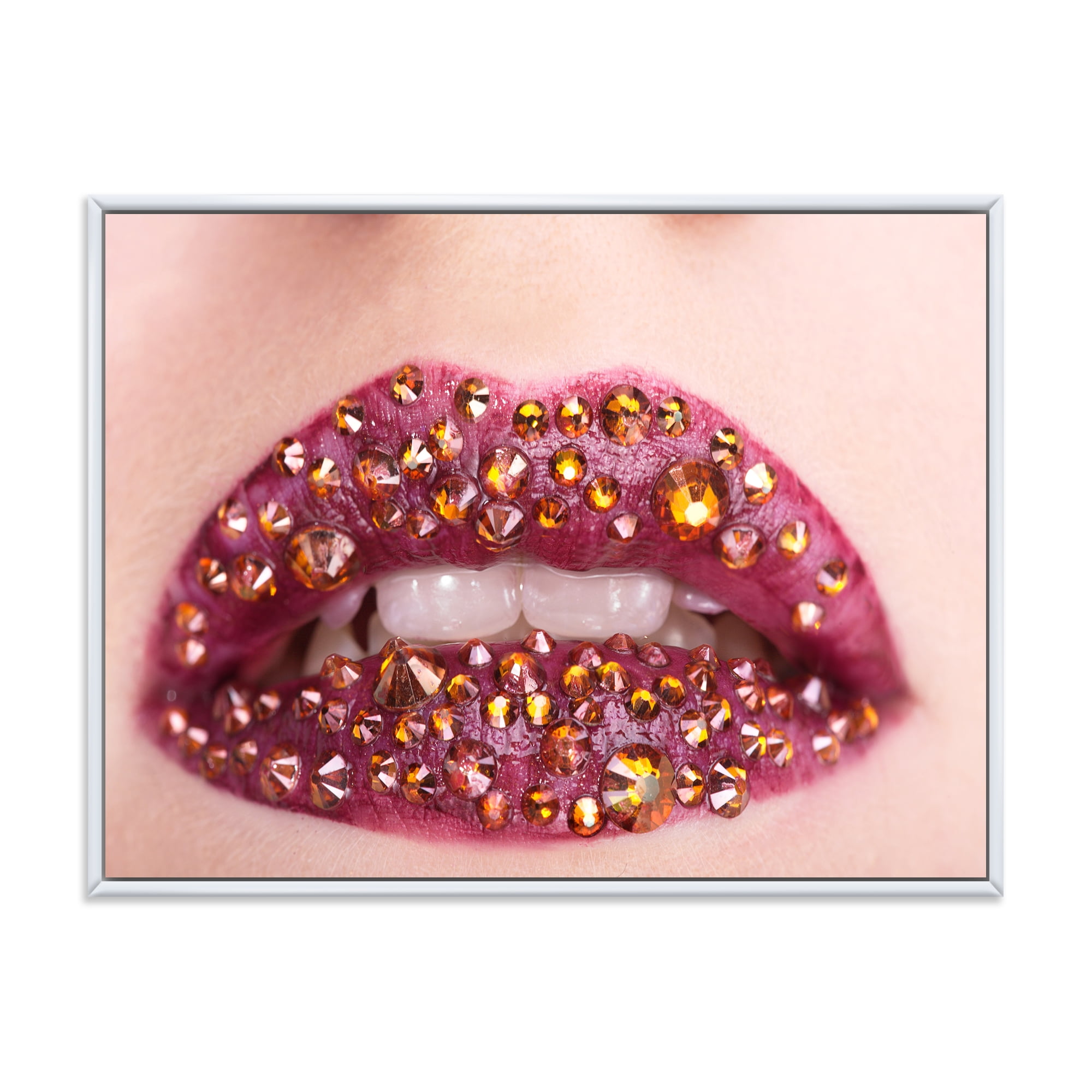 Designart 'Close-Up Of Girl Lips With Sequins' Modern Framed Canvas Wall Art Print