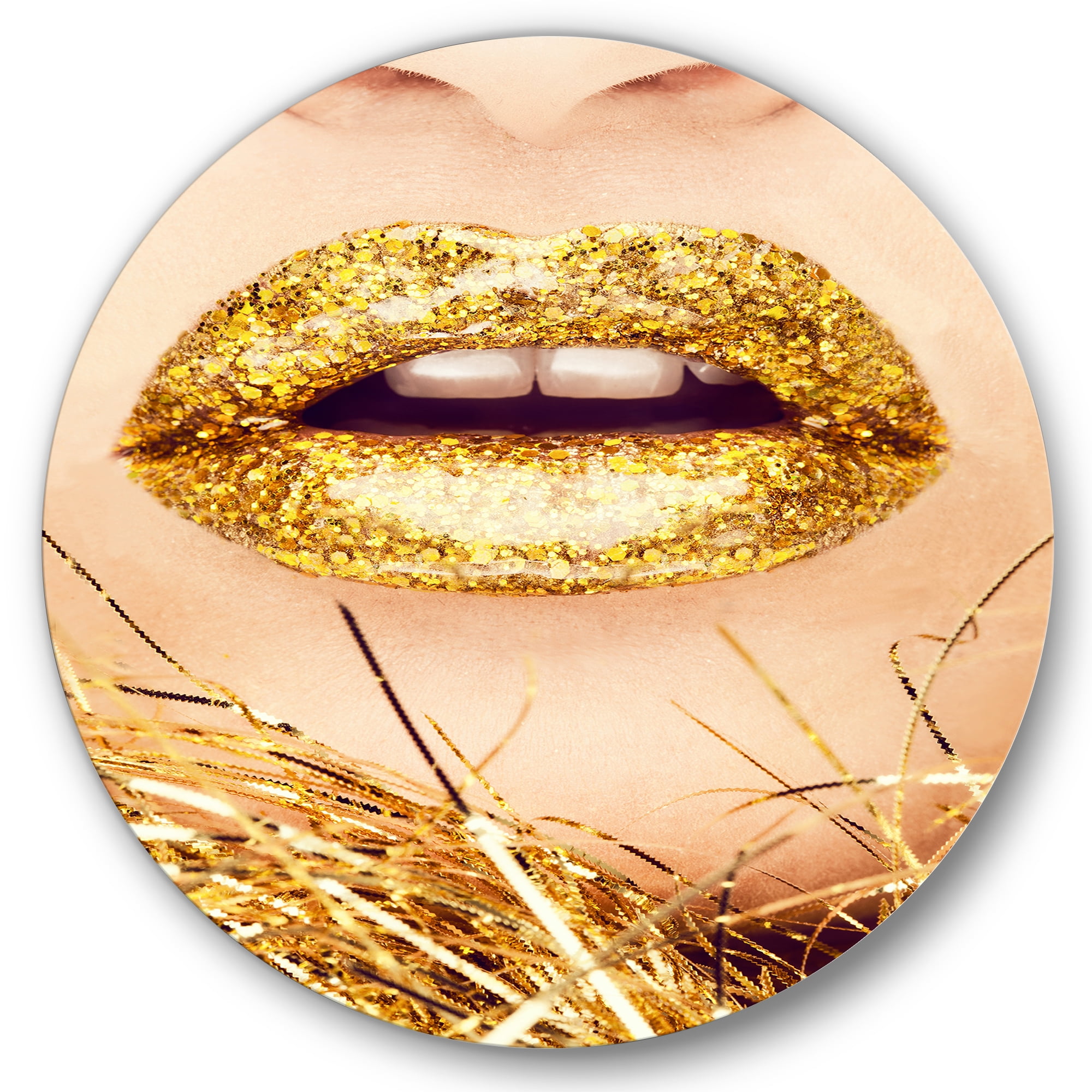 Designart 'Close-Up Of Golden Female Lips I' Modern Circle Metal Wall Art 29x29 - Disc of 29