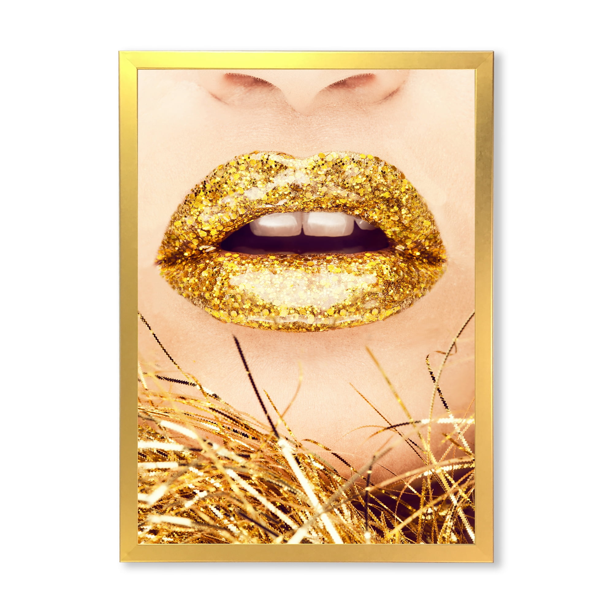 Designart 'Close-Up Of Golden Female Lips I' Modern Framed Art Print