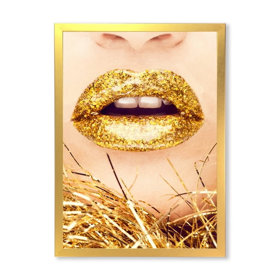 Designart 'Close-Up Of Golden Female Lips I' Modern Framed Art Print