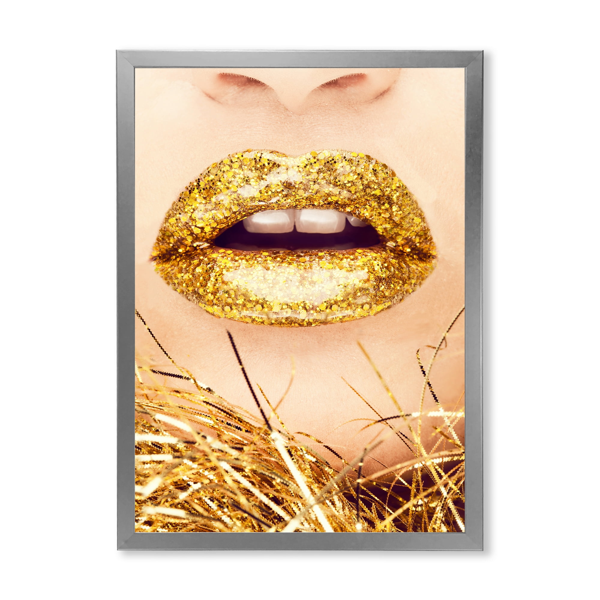Designart 'Close-Up Of Golden Female Lips I' Modern Framed Art Print