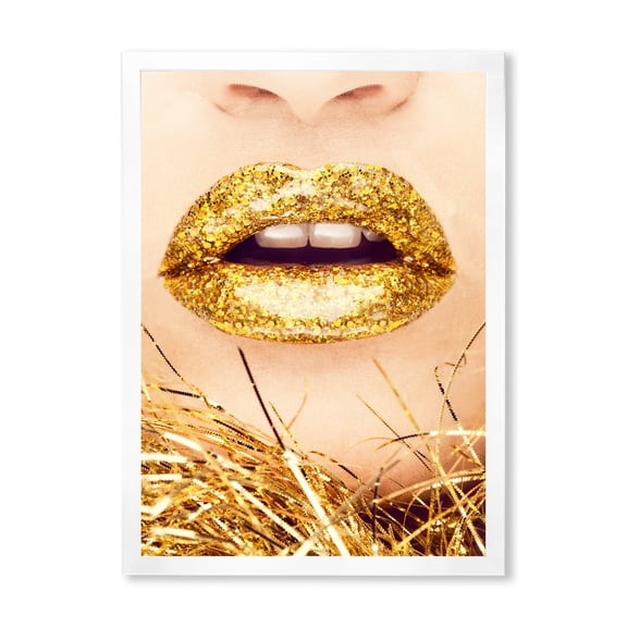 Designart 'Close-Up Of Golden Female Lips I' Modern Framed Art Print