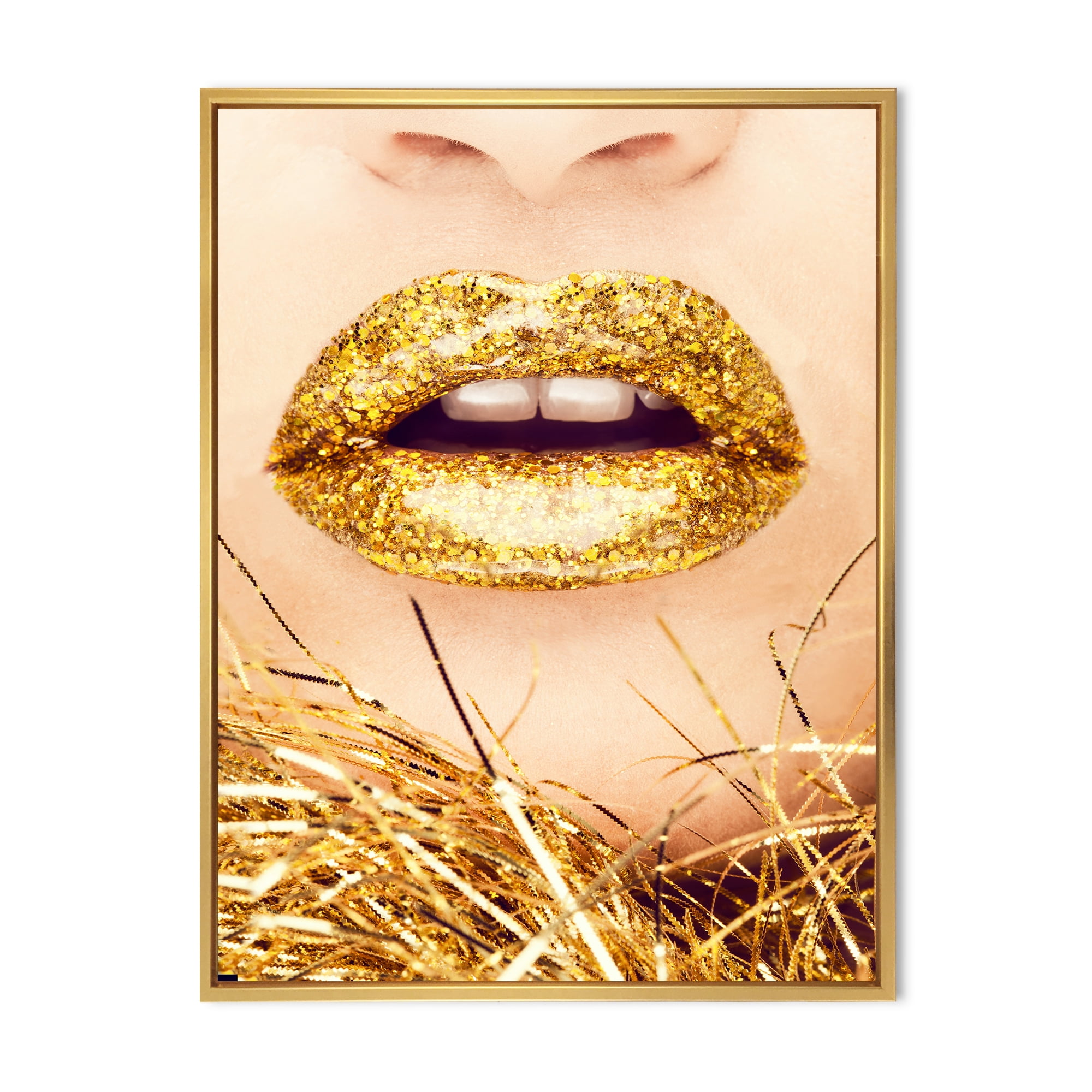 Designart 'Close-Up Of Golden Female Lips I' Modern Framed Canvas Wall Art Print