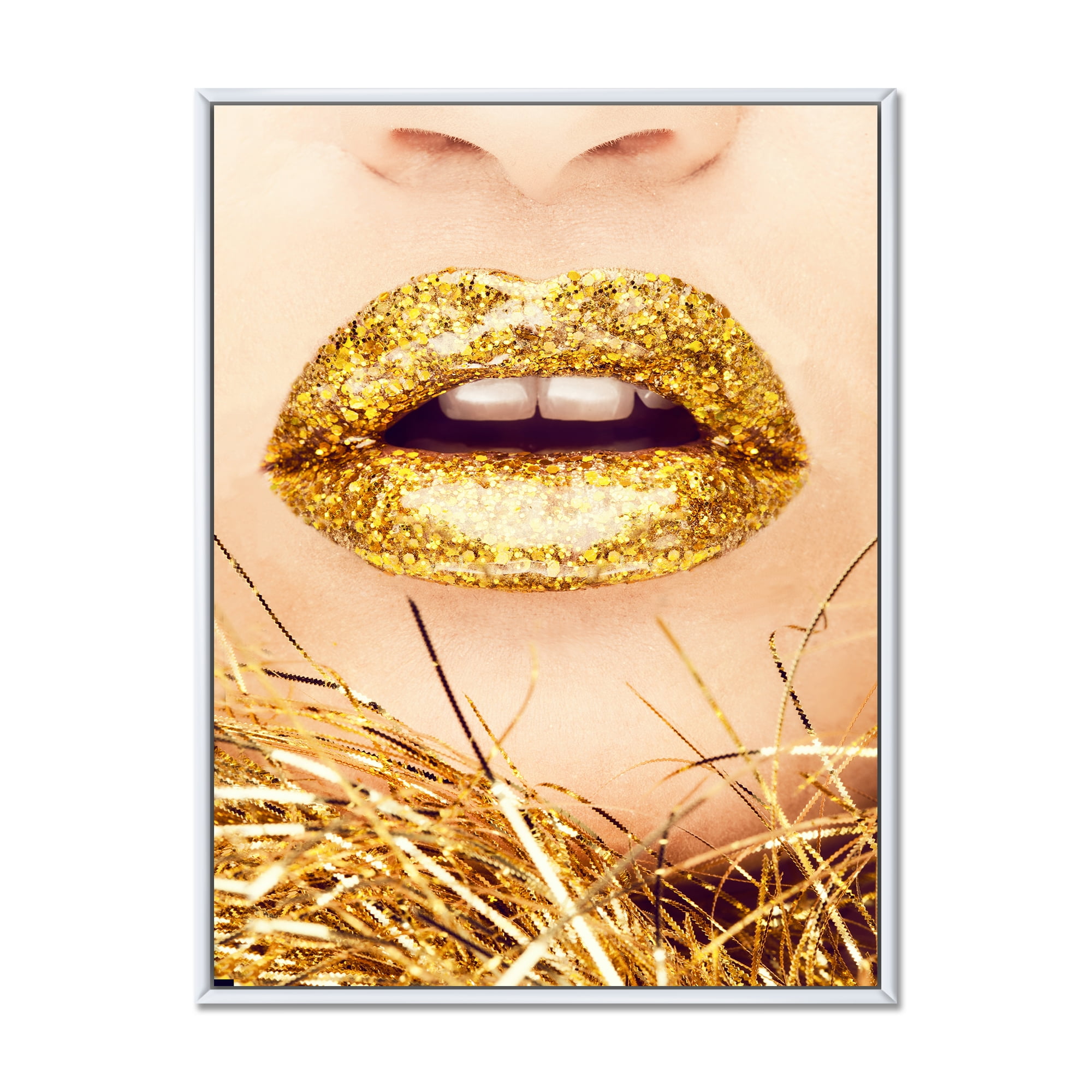 Designart 'Close-Up Of Golden Female Lips I' Modern Framed Canvas Wall Art Print