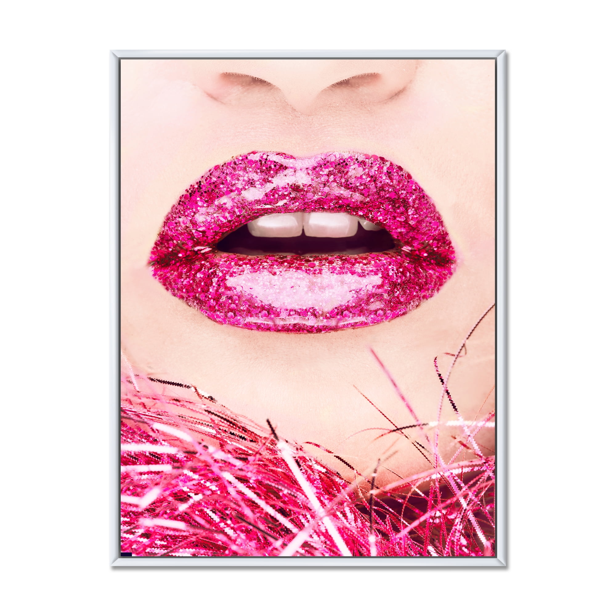 Designart 'Close-Up Of Golden Female Lips II' Modern Framed Canvas Wall Art Print