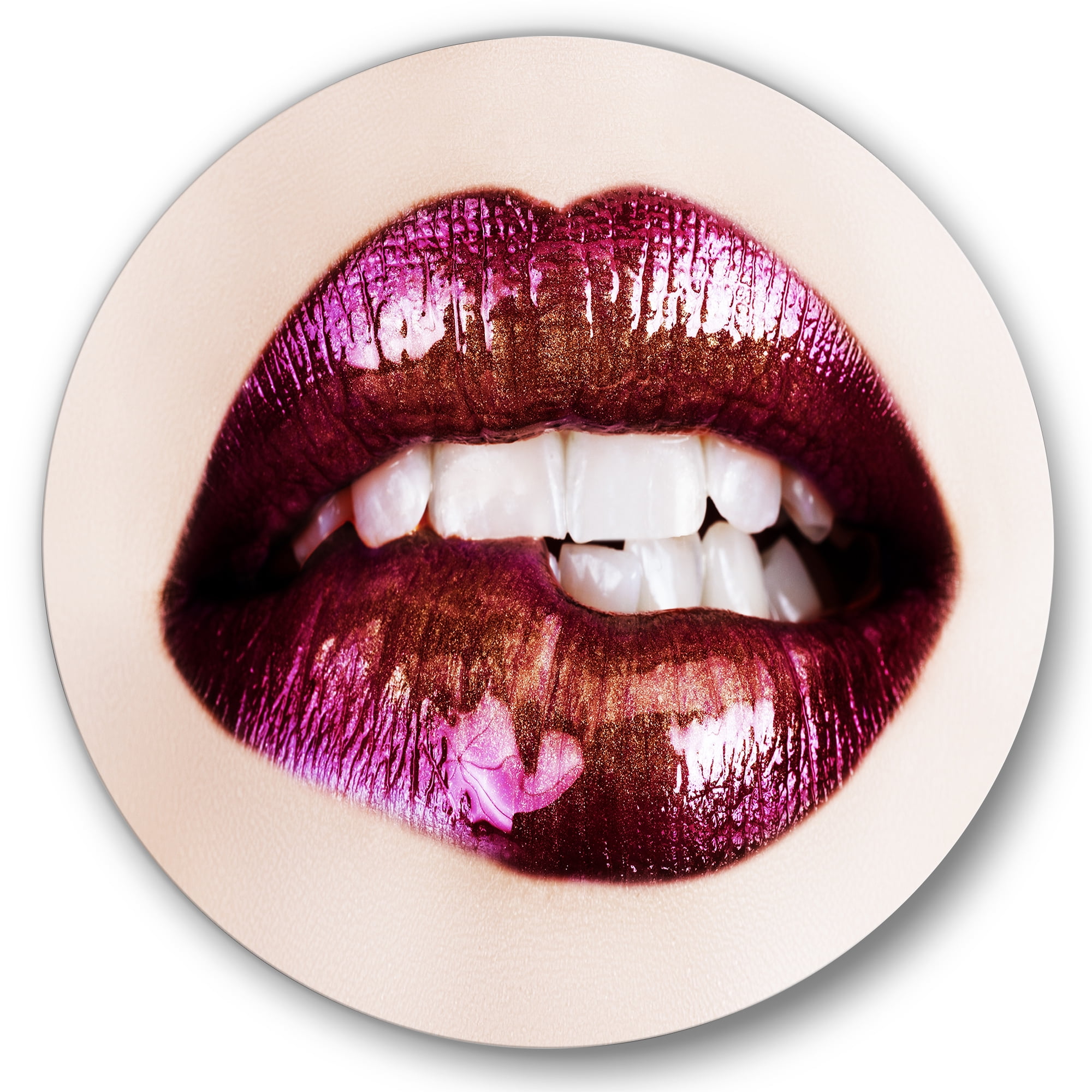 Designart 'Close-Up Of Purple Female Lips' Modern Circle Metal Wall Art 23x23 - Disc of 23