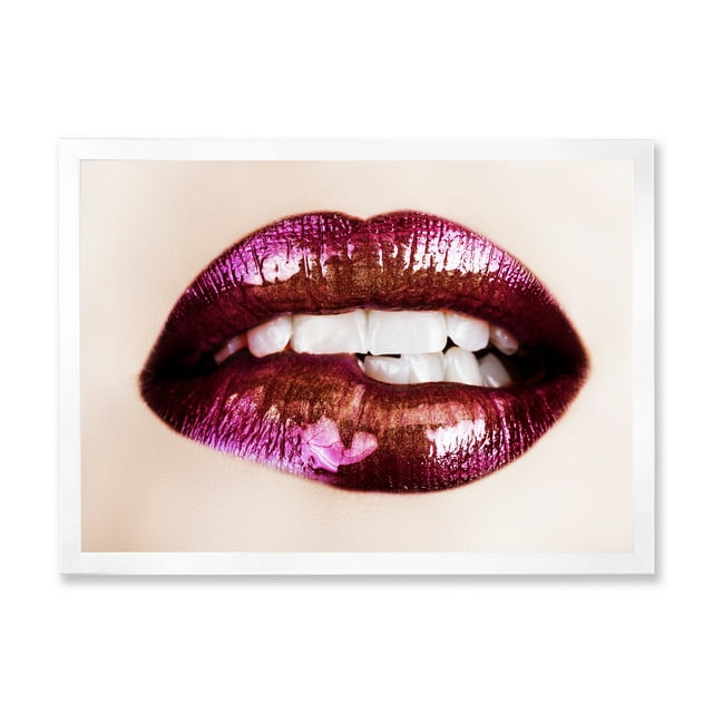 Designart 'Close-Up Of Purple Female Lips' Modern Framed Art Print