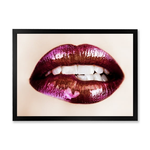 Designart 'Close-Up Of Purple Female Lips' Modern Framed Art Print