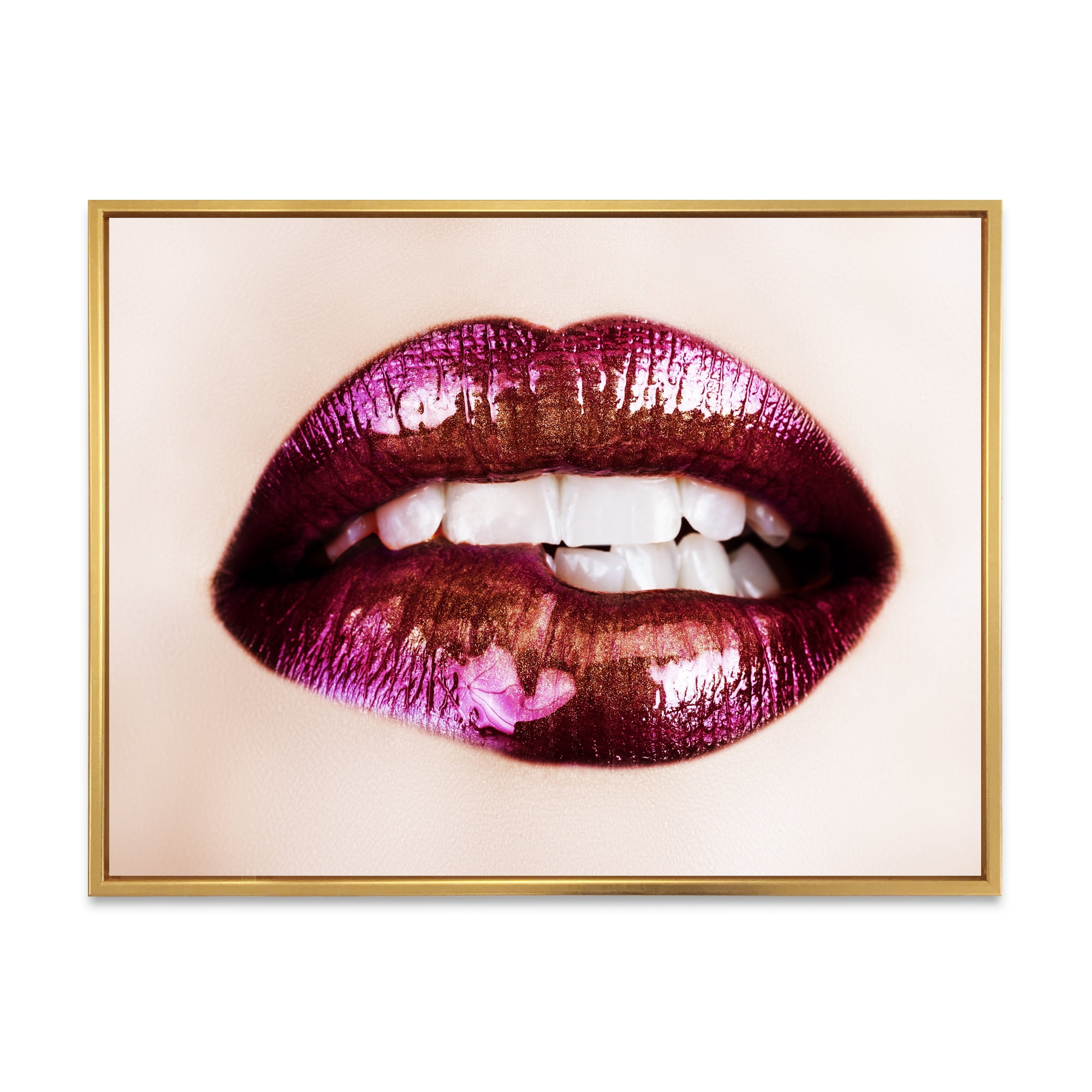 Designart 'Close-Up Of Purple Female Lips' Modern Framed Canvas Wall Art Print