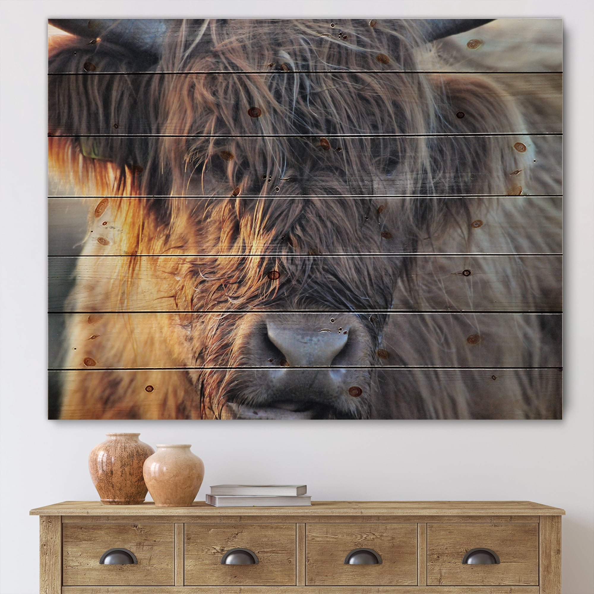 Designart 'Close Up Of Scottish Cow On Moorland III' Farmhouse Print on Natural Pine Wood