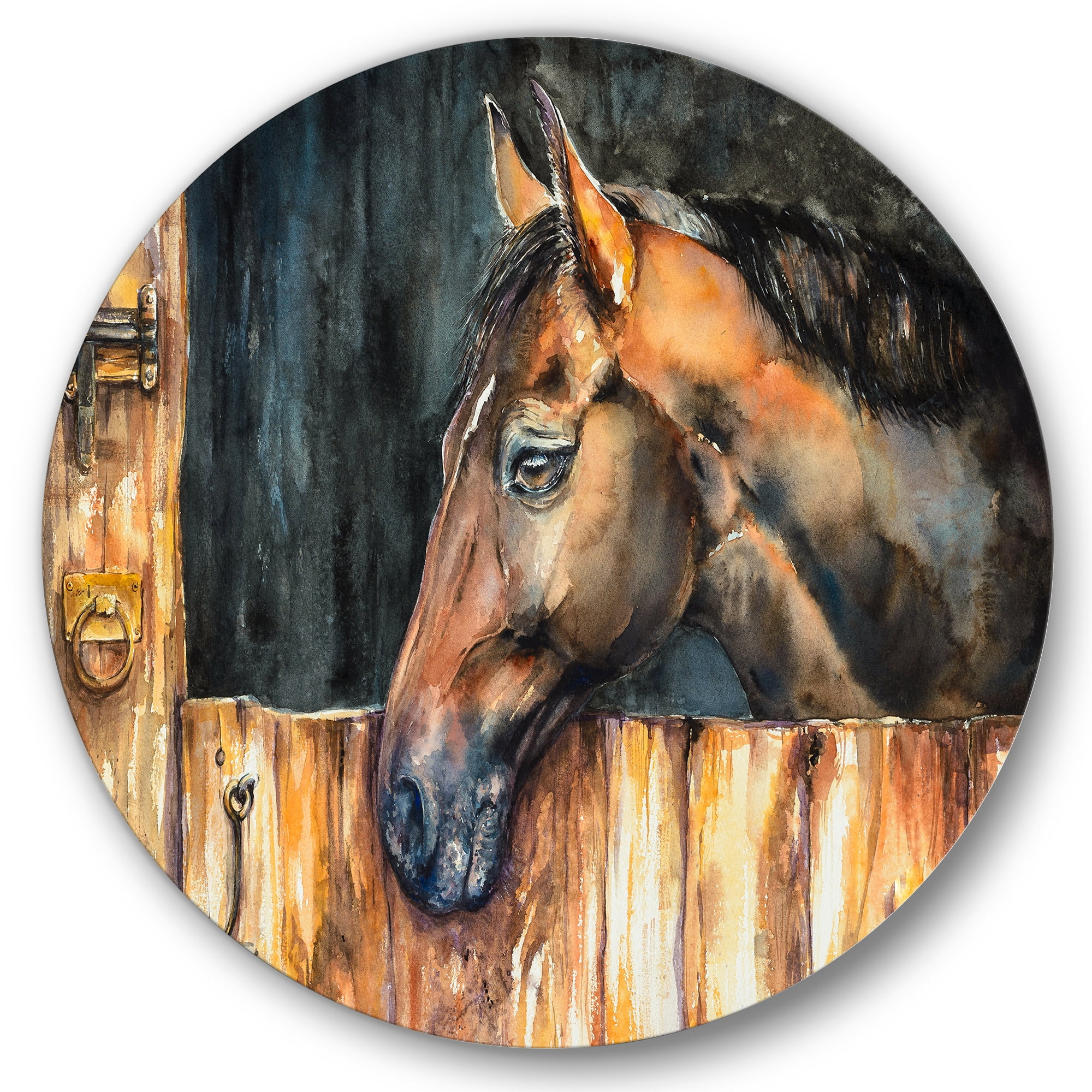 Designart 'Close Up Of The Head of A Horse In Stable' Farmhouse Circle Metal Wall Art 23x23 - Disc of 23