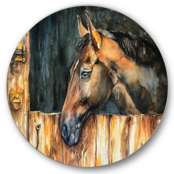 Designart 'Close Up Of The Head of A Horse In Stable' Farmhouse Circle Metal Wall Art 23x23 - Disc of 23