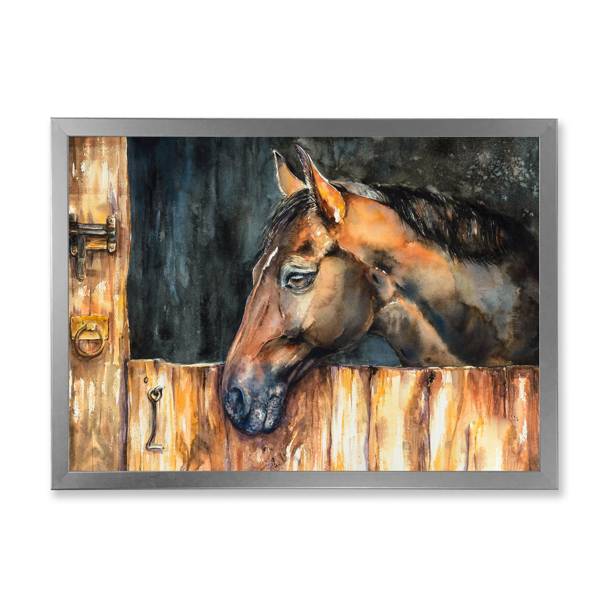 Designart 'Close Up Of The Head of A Horse In Stable' Farmhouse Framed Art Print