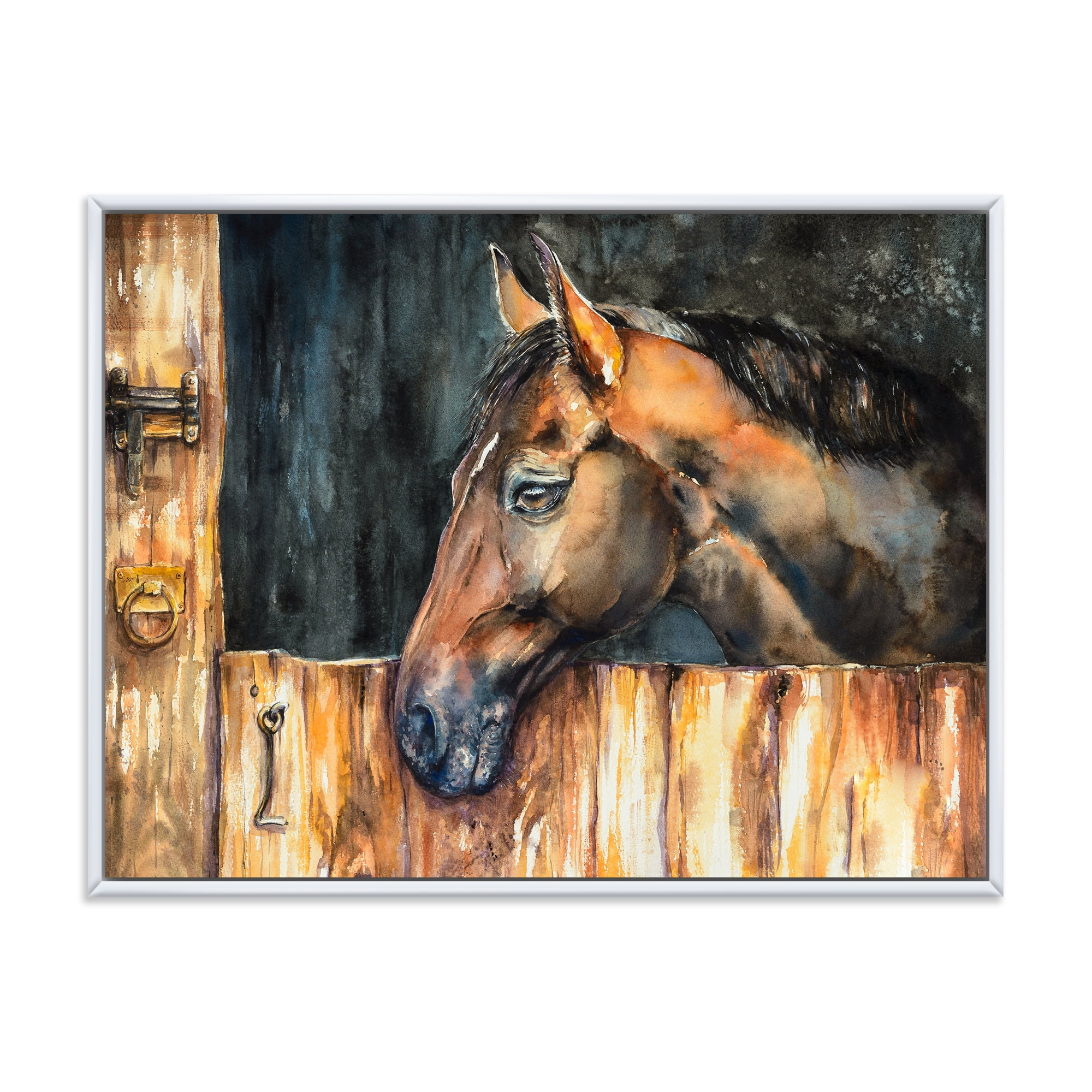 Designart 'Close Up Of The Head of A Horse In Stable' Farmhouse Framed Canvas Wall Art Print