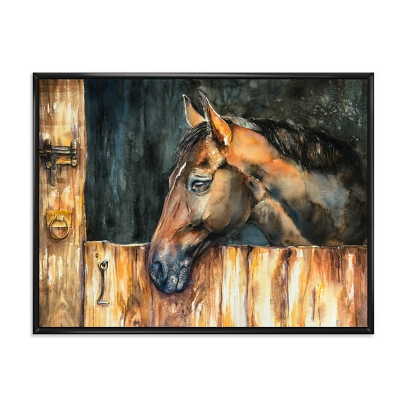 Designart 'Close Up Of The Head of A Horse In Stable' Farmhouse Framed Canvas Wall Art Print